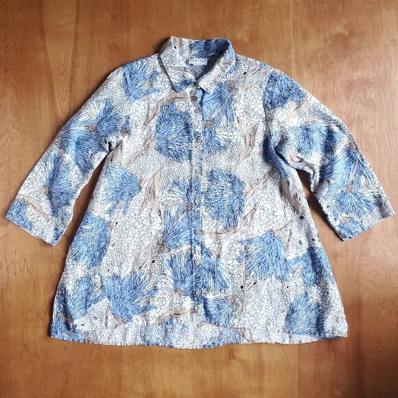 Habitat 100% Linen Top Sz M White Blue Floral Button Up Lagenlook Coastal Beachy - Picture 6 of 10